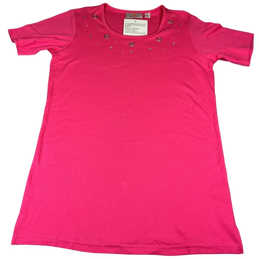 Quacker Factory Pink Rhinestone Stud‎ Embellished Top XXS Short Sleeve NWT